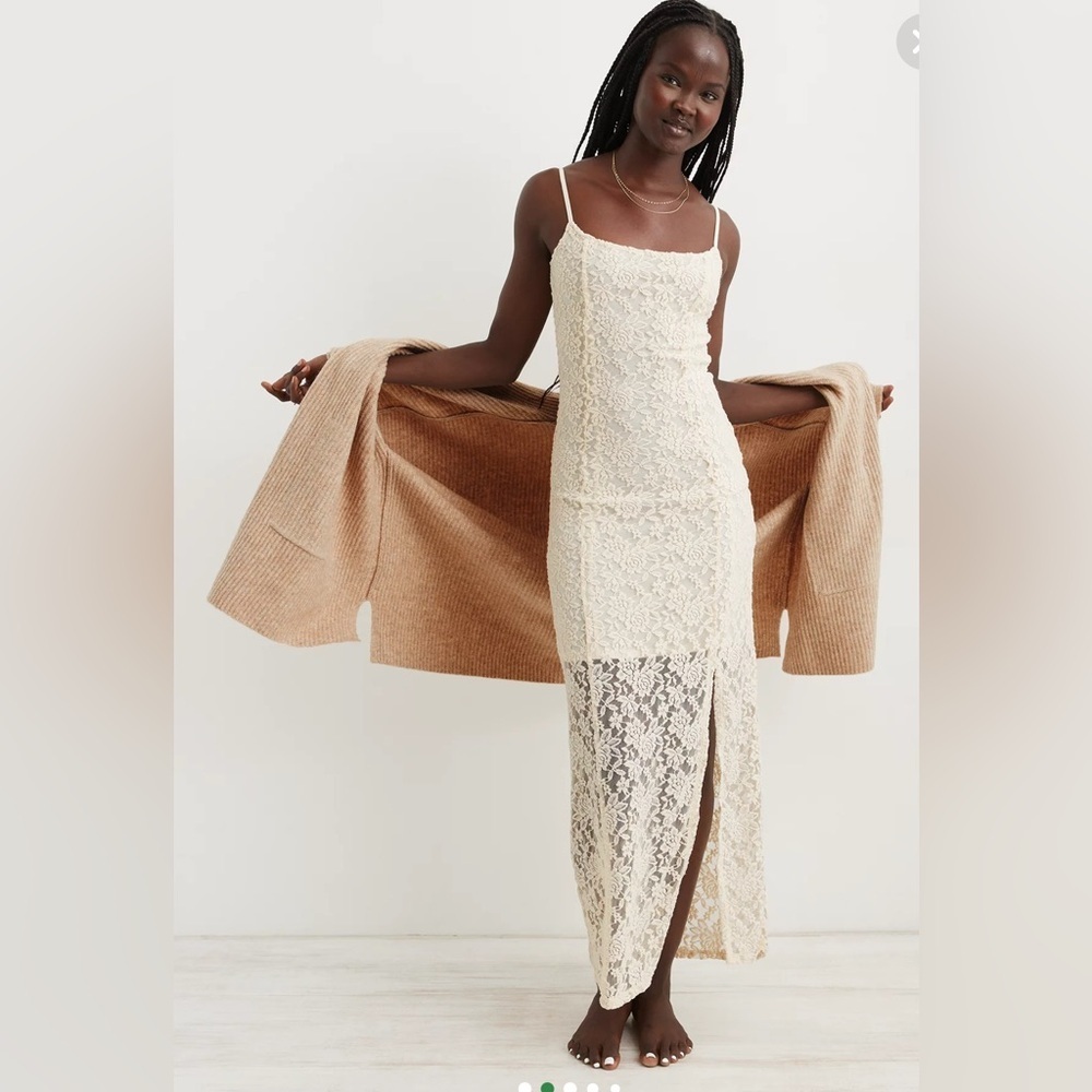 Aerie long lace slip dress with front slit, beige, XS NWT